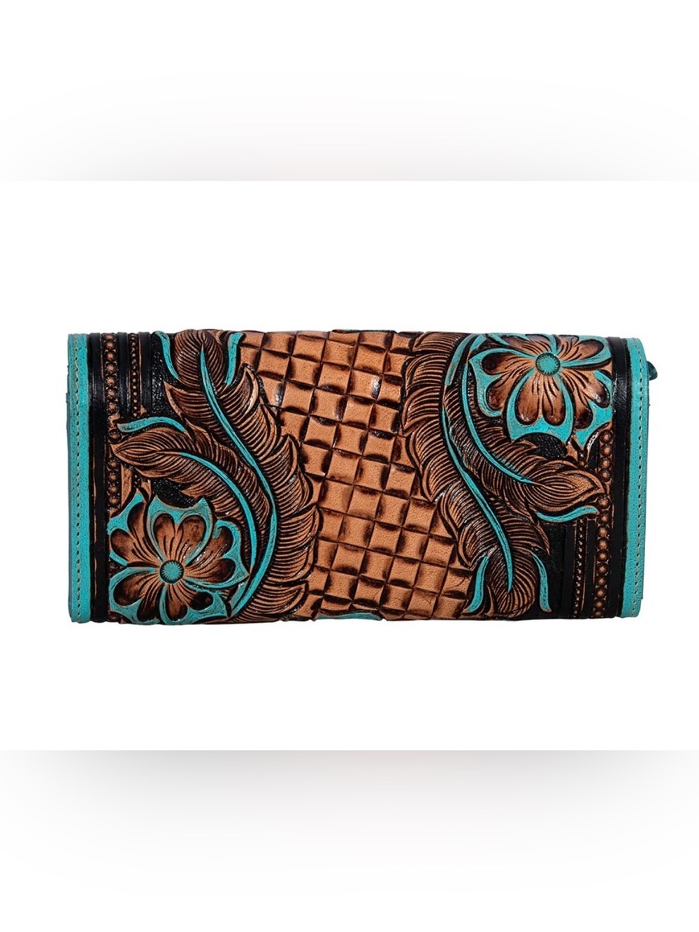 Myra Flower Crest Tooled Leather Wallet Floral Embossed With Turquose Accents - Picture 4 of 10